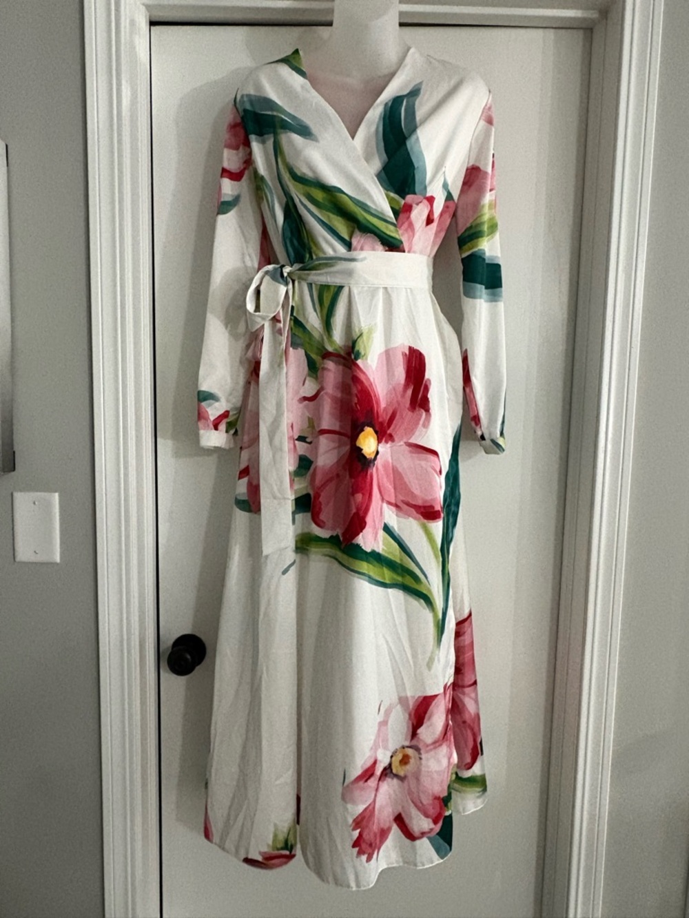 Annah Hariri Modest White Floral Wrap Maxi Dress with Pink & Green Blooms Size 6